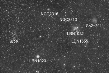 M50, Sh2-291周辺の天体分布