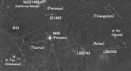 Objects & constellations around the Taurus molecular cloud